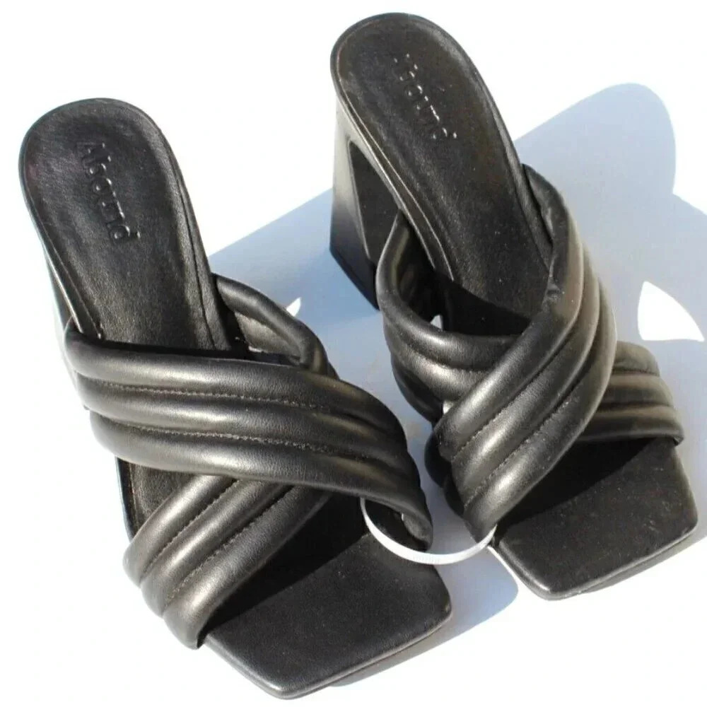 New Abound Black Block Retro Heel Crossover Leather Strap Heels Sandals Sz 6.5 M